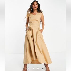 CLOSET Dress NEW High Low Pleated Midi Pockets Cotton in Camel Neutral Size US 8